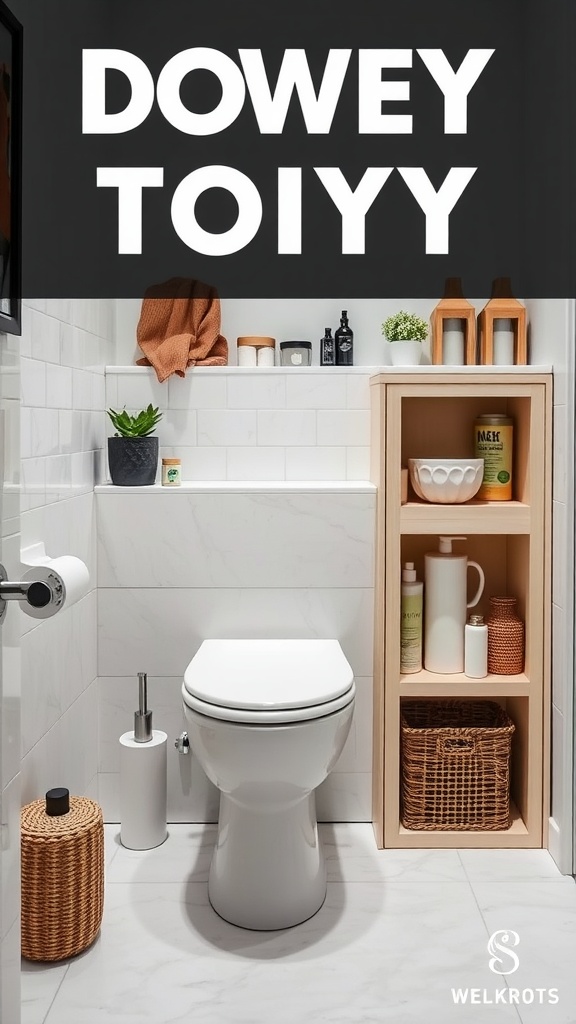A small bathroom featuring a toilet with built-in storage, surrounded by modern decor and organized essentials.