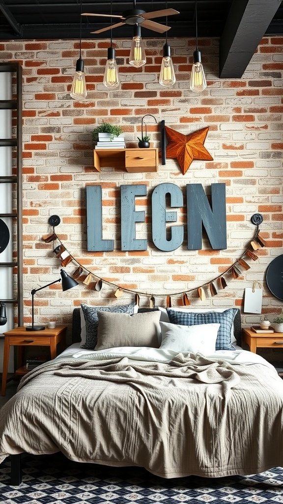 Eclectic industrial bedroom with exposed brick wall, wooden decor, and cozy bedding
