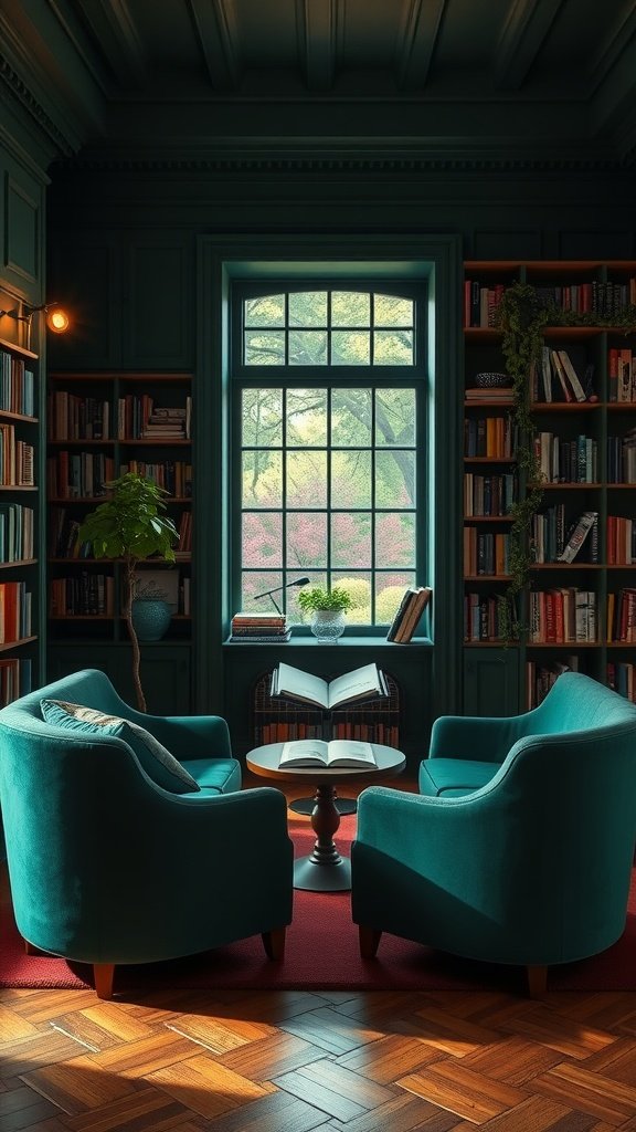 A cozy library room with emerald green walls, two turquoise chairs, a small table, books, and a window with a view of nature.