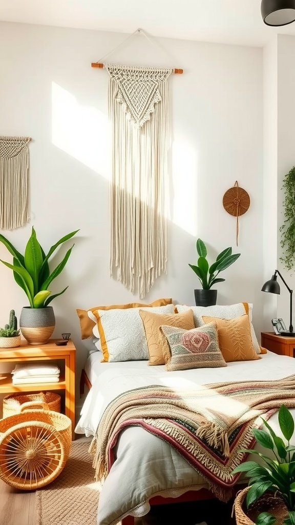 Cozy boho bedroom with macramé wall hanging, layered bedding, and potted plants.