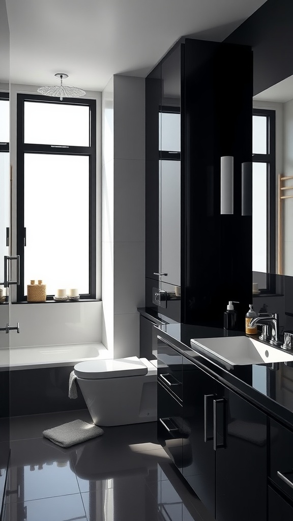 A modern bathroom featuring glossy black lacquer cabinets, a white bathtub, and natural light streaming through the windows.