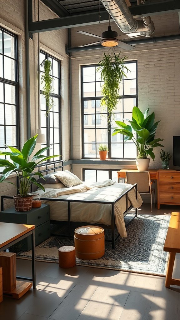An industrial bedroom featuring large windows, a metal bed frame, and various plants for decoration.