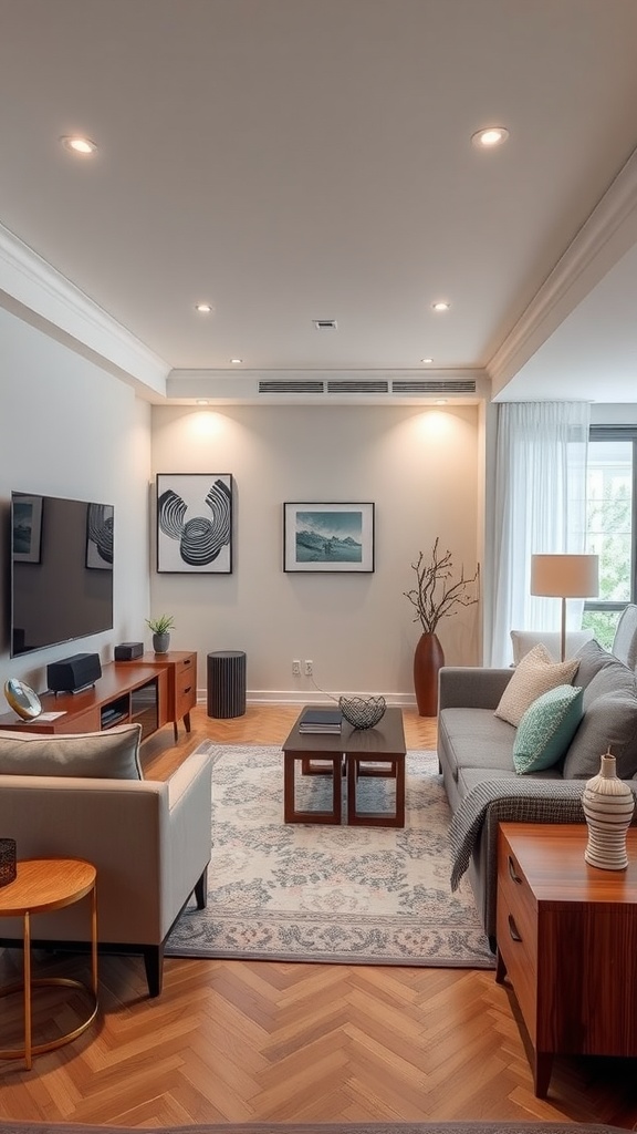 A stylish living room-dining room combo featuring modern technology, cozy furniture, and ample natural light.