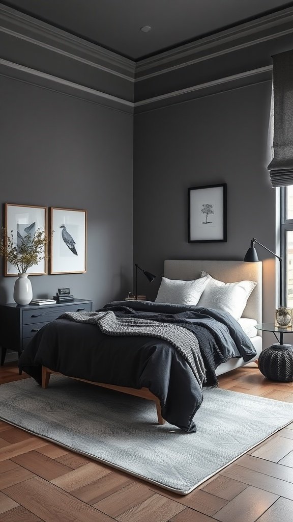 A modern grey bedroom with dark walls, a cozy bed, and elegant decor