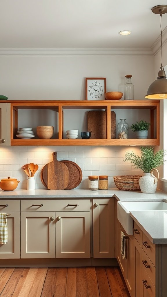 A cozy kitchen with khaki tan cabinets, open shelving displaying wooden kitchenware, and warm lighting