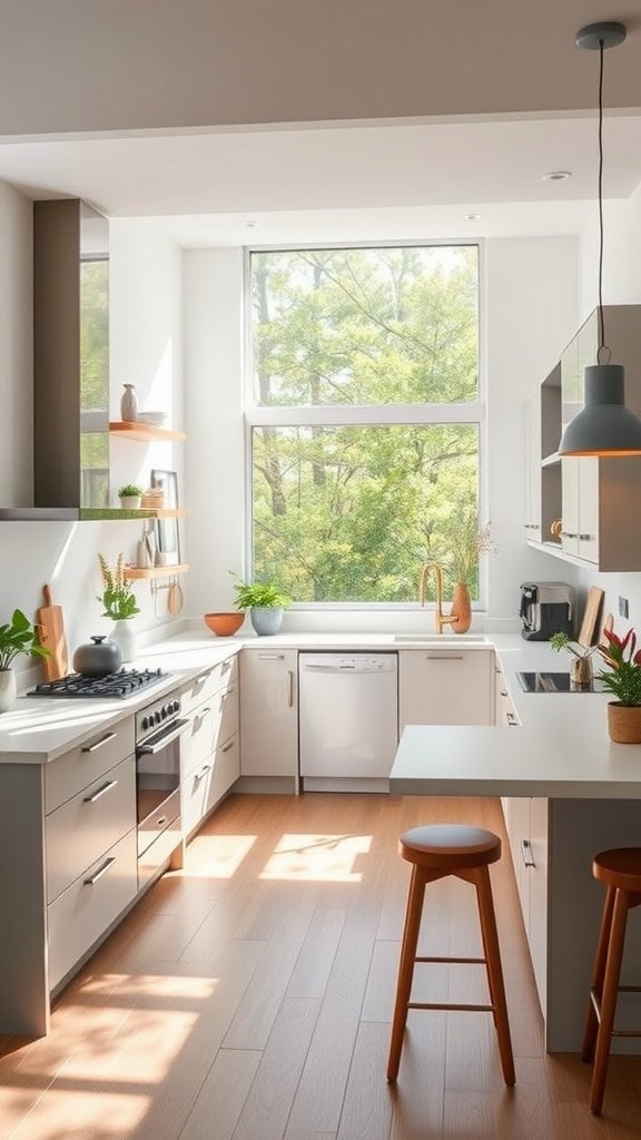 A modern U-shaped kitchen featuring a large window, sleek cabinetry, and a small breakfast bar.