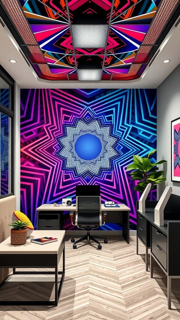 An office space featuring a vibrant optical illusion geometric pattern on the accent wall, with a modern desk and chair setup.