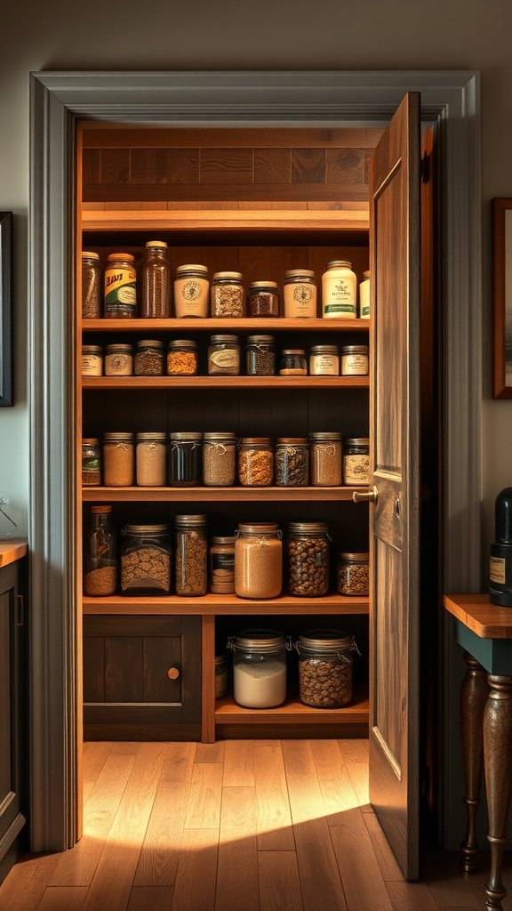Pantry door made of classic barnwood with jars and organized shelves visible inside.