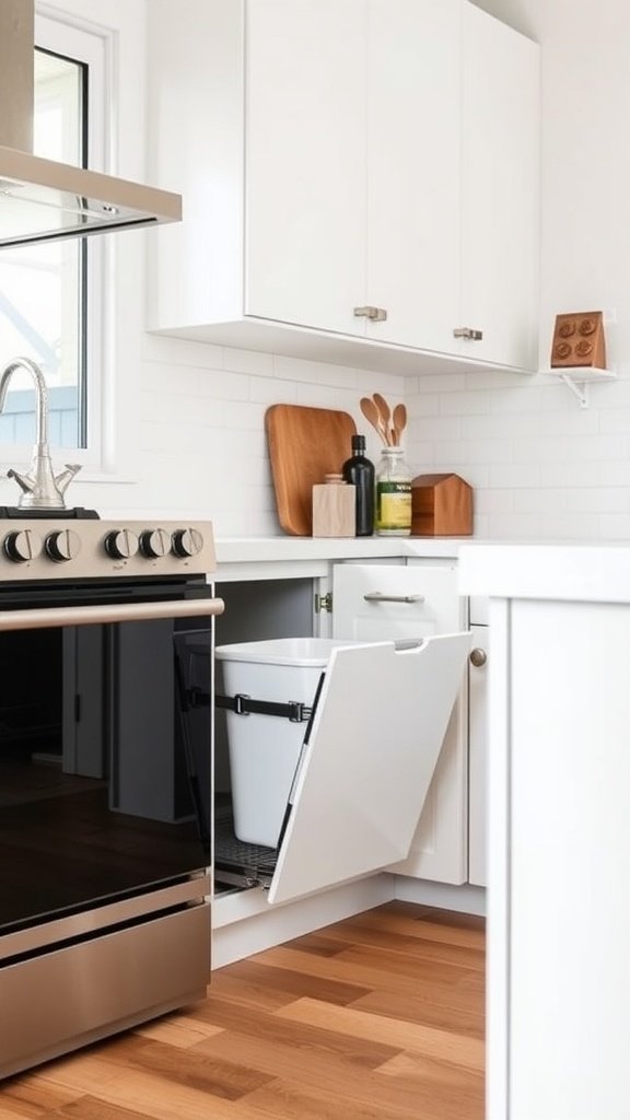 A small kitchen featuring a slide-out trash bin integrated into the cabinetry.