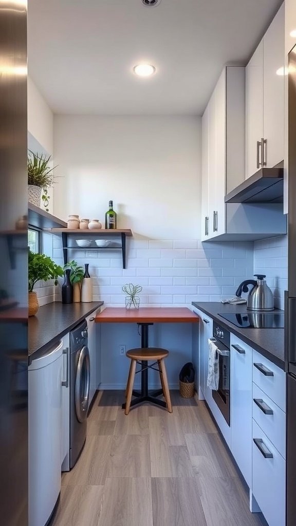 Stylish small kitchen with white cabinets, dark countertops, and a small round table