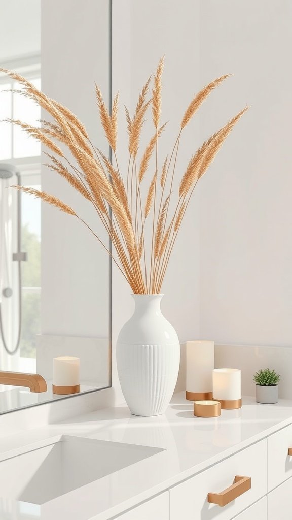 A stylish white vase with dried grass on a bathroom counter, accompanied by candles and a small plant.