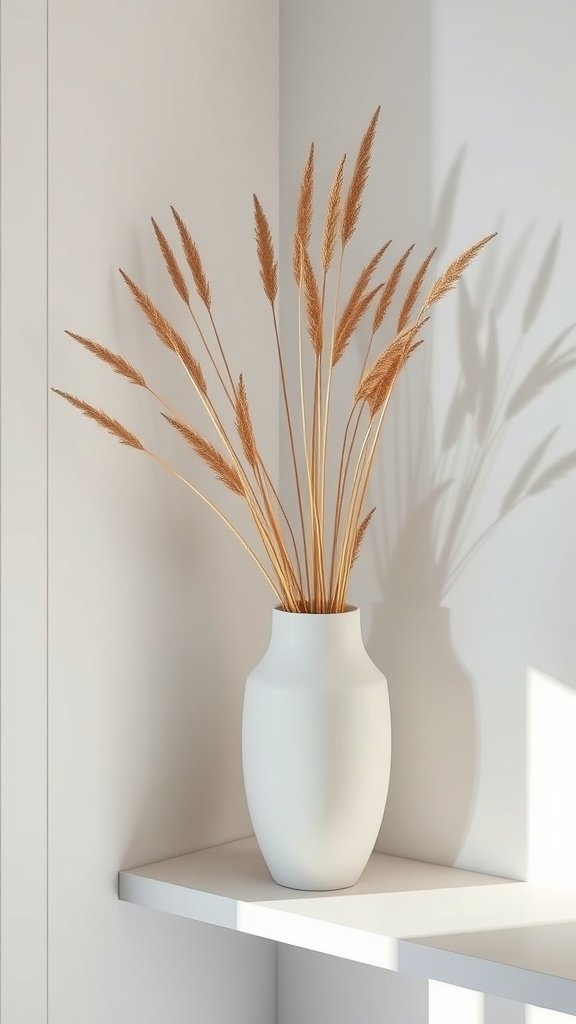 A white vase filled with dried grass placed on a shelf in a bright bathroom