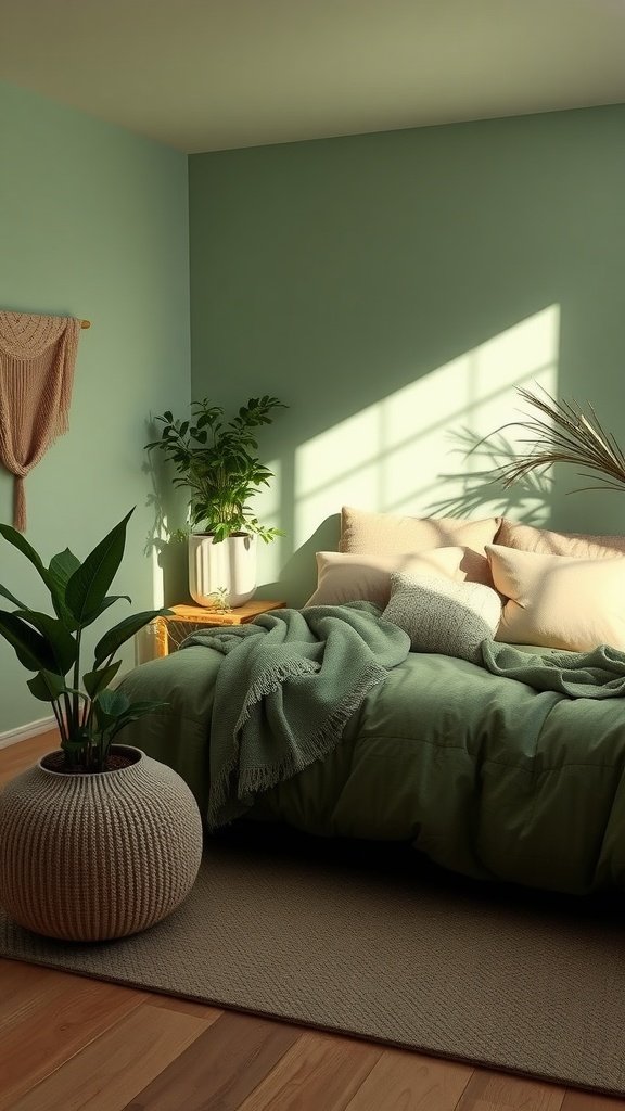 A cozy sage green bedroom with textured bedding, potted plants, and sunlight filtering through the window.