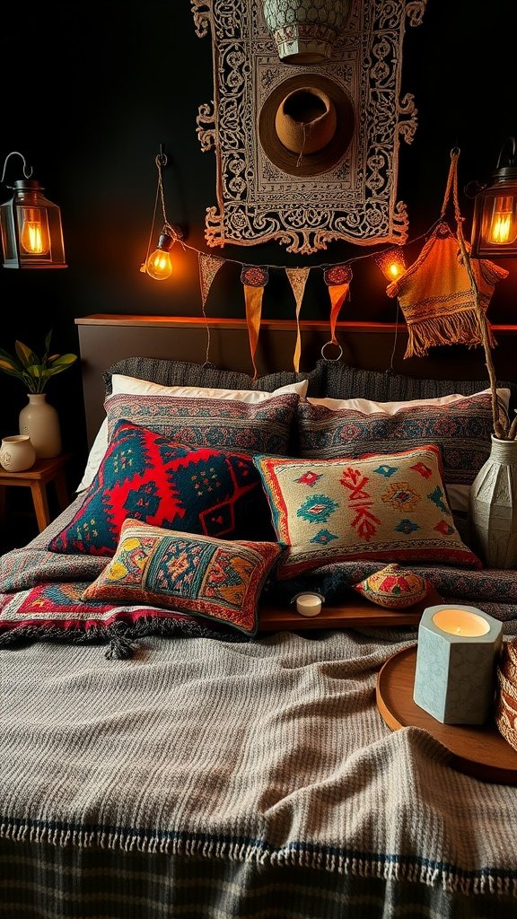 A cozy boho bedroom with vintage kilim pillows on a bed, featuring warm lighting and decorative elements.
