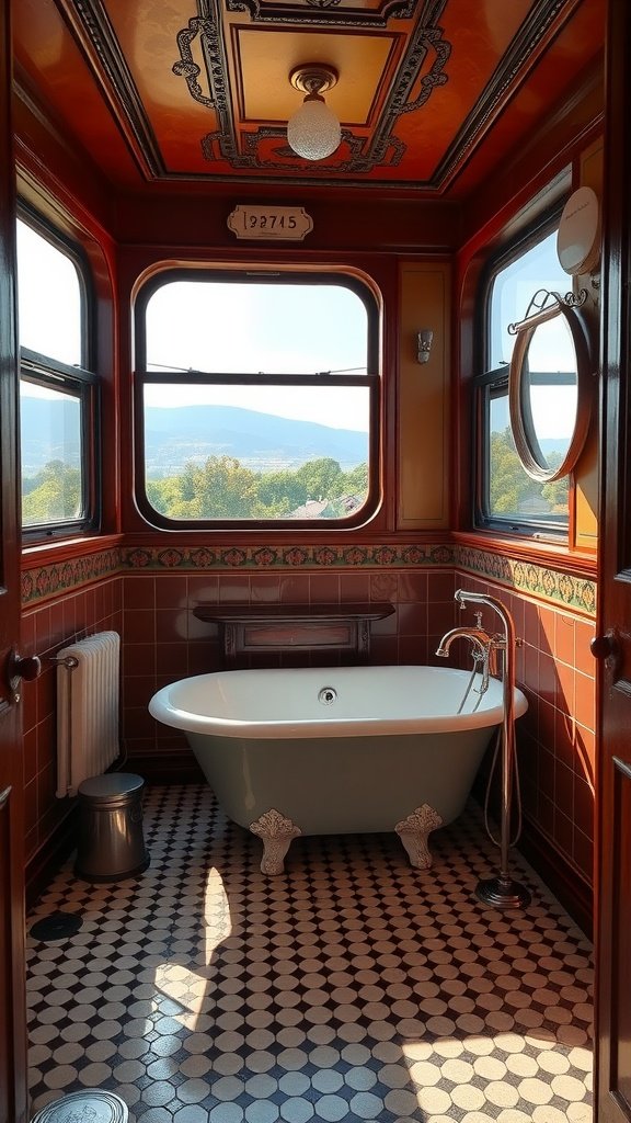 A vintage-style bathroom resembling a train carriage, featuring a freestanding bathtub, patterned floor tiles, and large windows with scenic views.