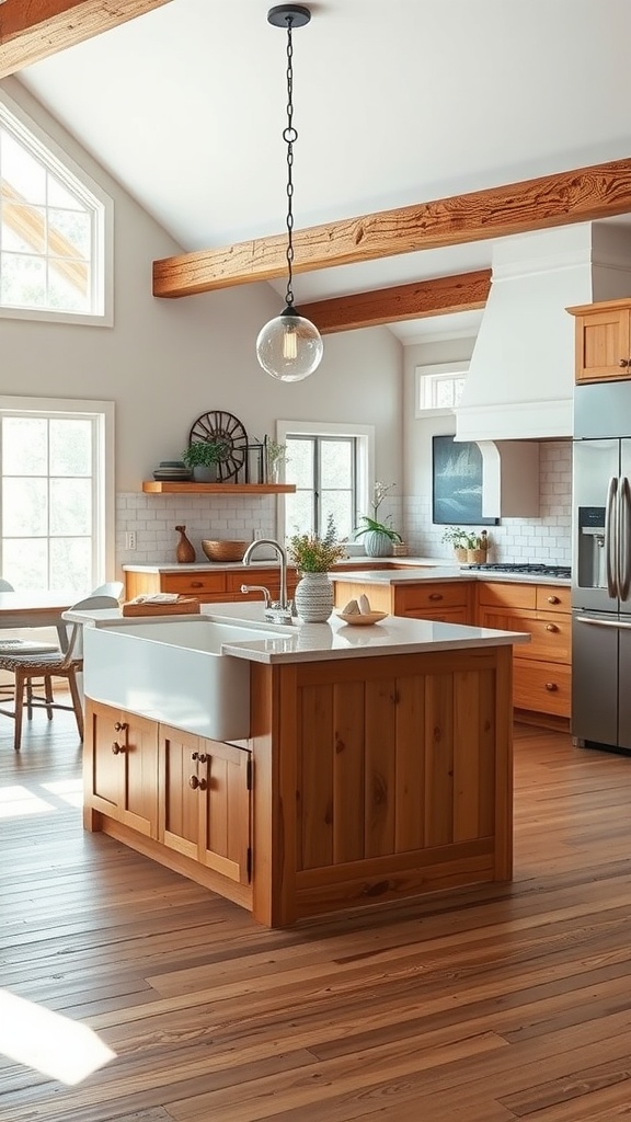 Open concept kitchen featuring a farmhouse sink, wooden cabinetry, and bright natural lighting.