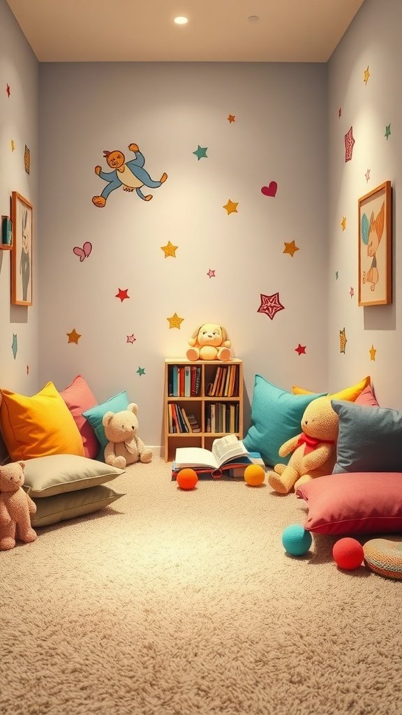 Cozy carpeted reading nook for kids with colorful pillows, stuffed animals, and a bookshelf