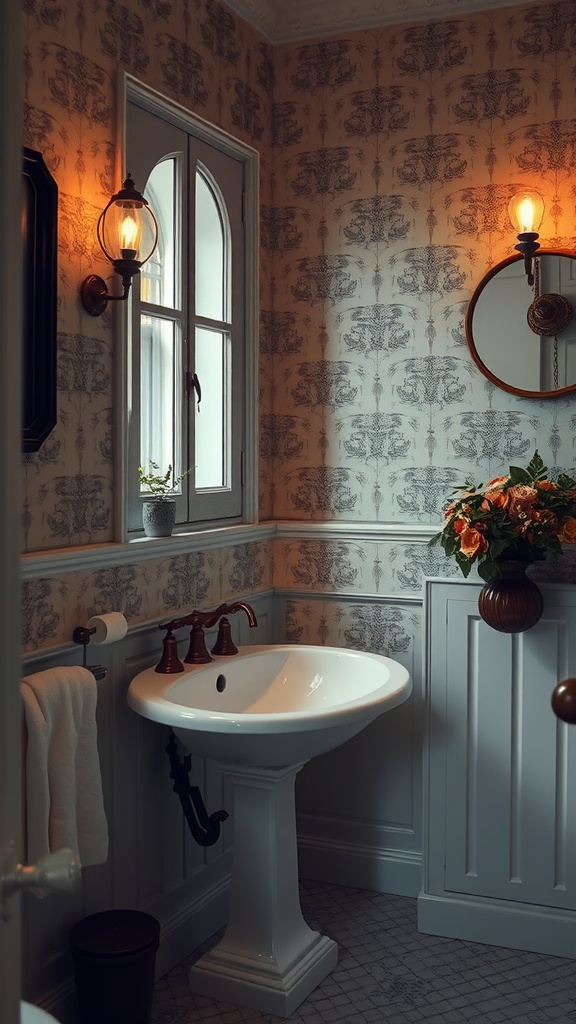 Vintage bathroom featuring a sculptural basin, warm lighting, and floral decor.