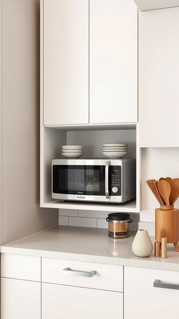 Compact microwave shelf with microwave and plates in small kitchen