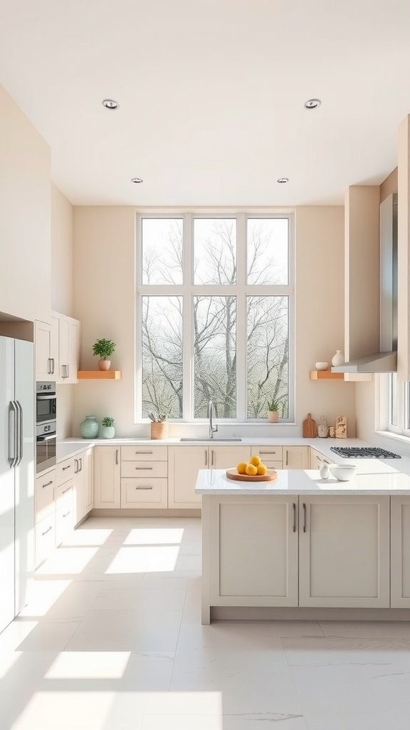 Modern U-shaped kitchen with pastel colors and large windows