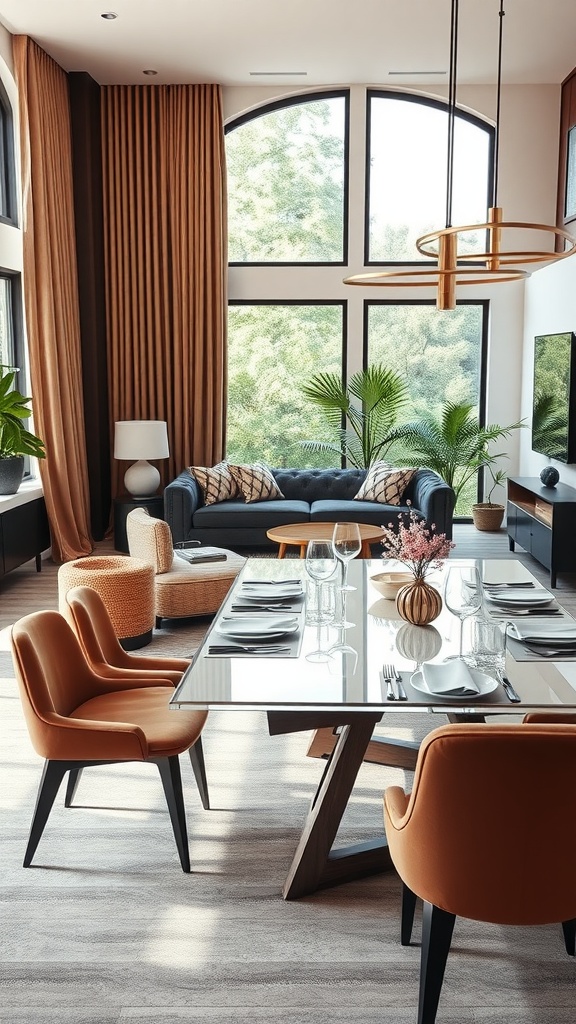 A stylish living room-dining room combo featuring a modern table setup for entertaining with plush seating and large windows.