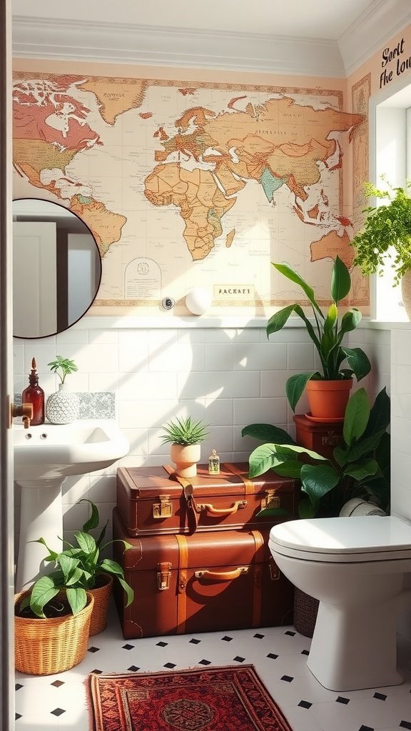 A stylish bathroom featuring a world map on the wall, vintage suitcases, and lush plants, creating a travel-inspired atmosphere.