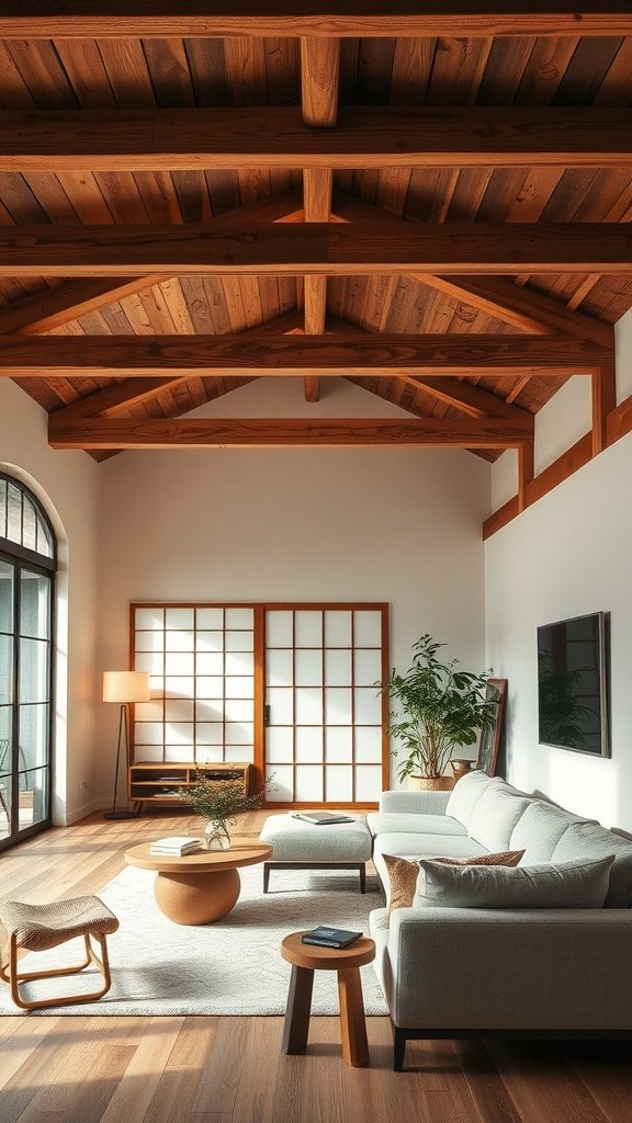A stylish living room featuring exposed wooden beams, modern furniture, and a cozy atmosphere.