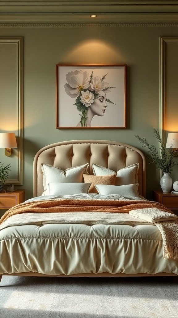 Glamorous sage green bedroom featuring a tufted bed, decorative pillows, and a floral art piece.