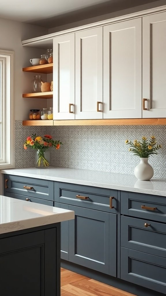 Stylish kitchen with blue cabinets, unique golden hardware, and open shelving with decorative jars.