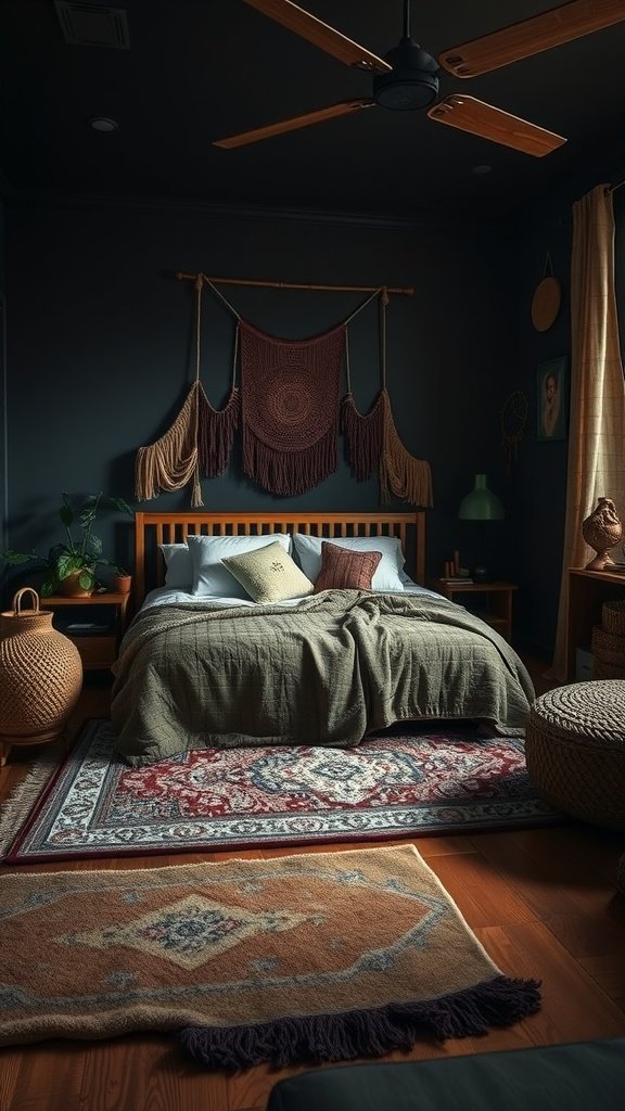 A dark boho bedroom with layered rugs, showcasing a blend of textures and colors.