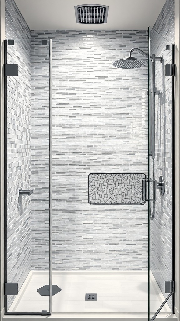Walk-in shower featuring a metallic tile splash wall and modern fixtures