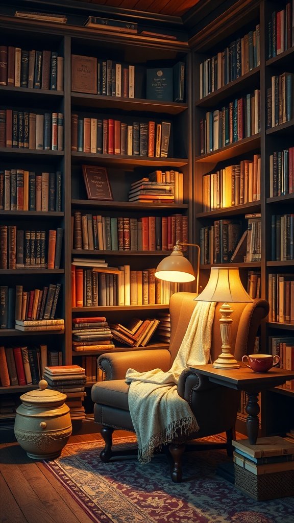 Cozy library room with an armchair, lamp, and bookshelves filled with books.