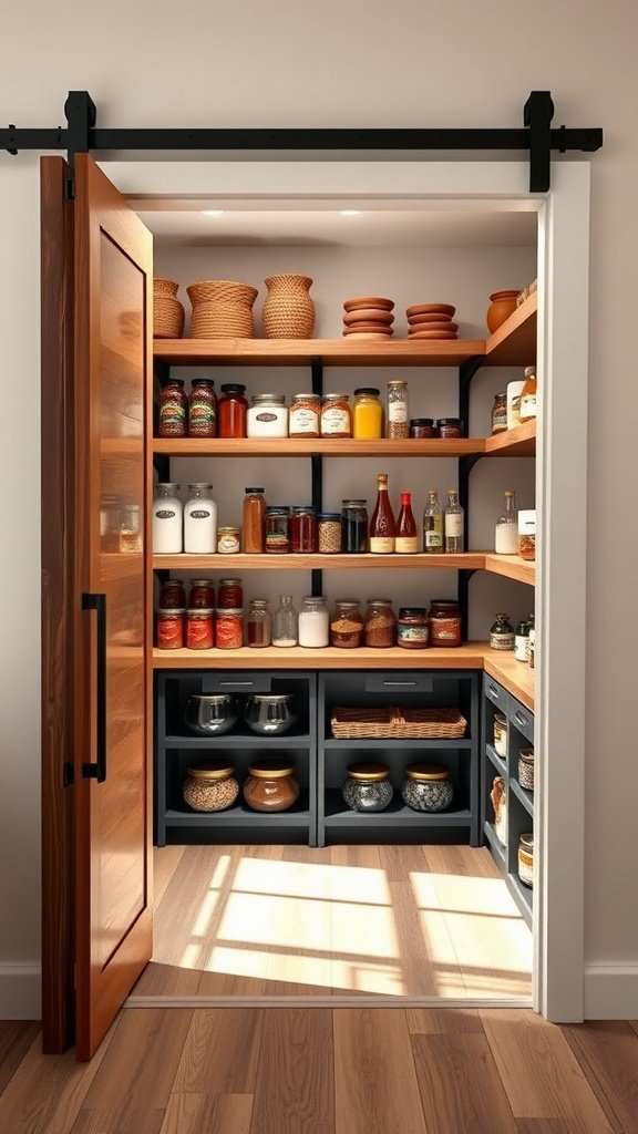 A modern farmhouse pantry with a sliding barn door, featuring organized shelves filled with jars and containers.