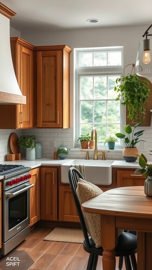 A cozy ranch kitchen with wooden cabinets, a farmhouse sink, and plenty of plants