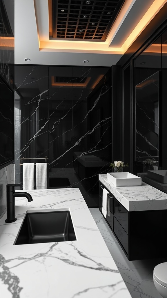 A luxurious black bathroom with marble countertops and elegant lighting.