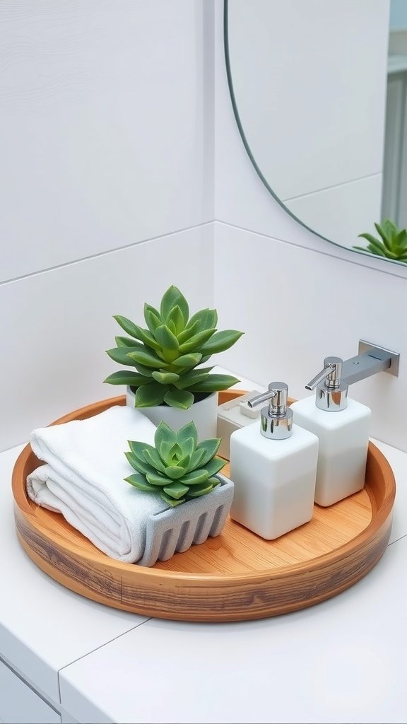 A round wooden tray on a bathroom counter with folded towels, soap dispensers, and succulents.