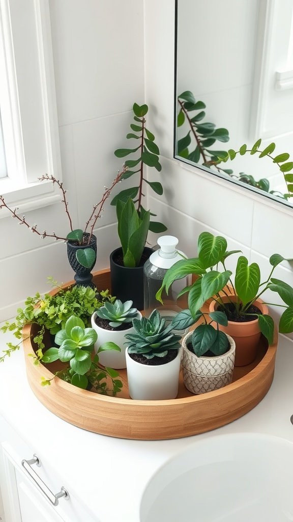 A round wooden tray featuring various small plants arranged on a bathroom counter