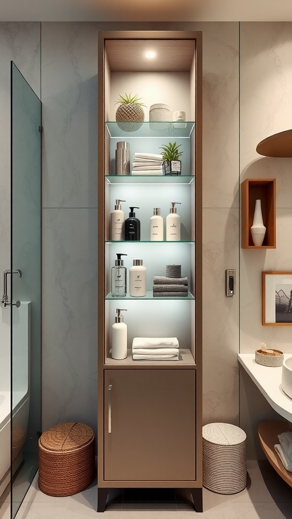 Tall and narrow bathroom cabinet with glass shelves and warm lighting