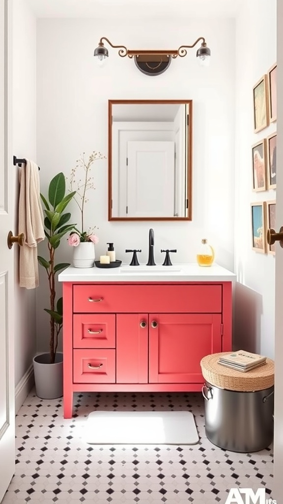 Vibrant red Ikea vanity with white countertop and modern fixtures in a stylish bathroom