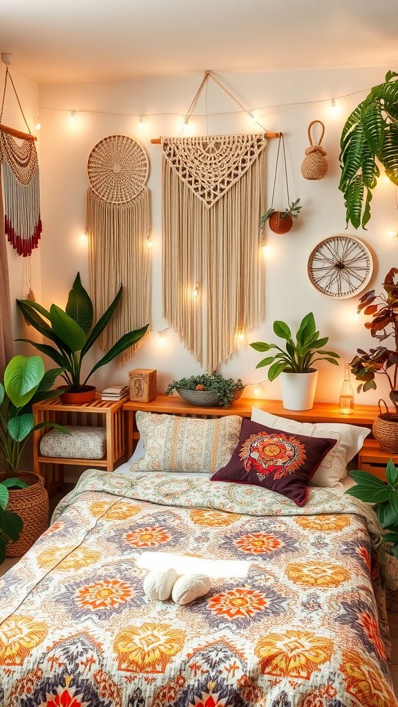 A cozy boho bedroom featuring vibrant quilts, macramé wall hangings, and plants.