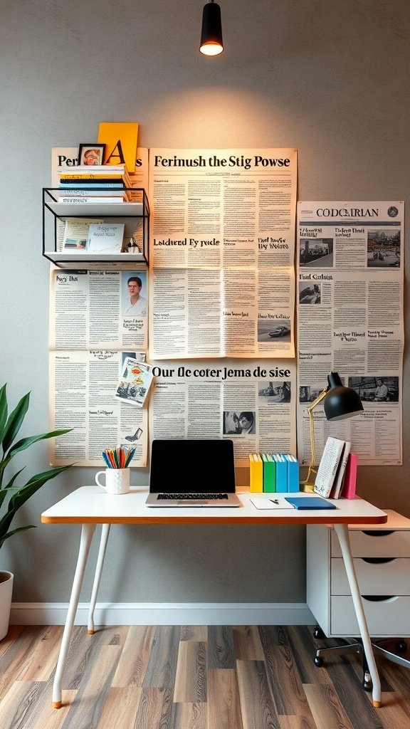 A modern office setup featuring a desk with a laptop, surrounded by an accent wall of vintage newspaper prints and a few decorative items on shelves.