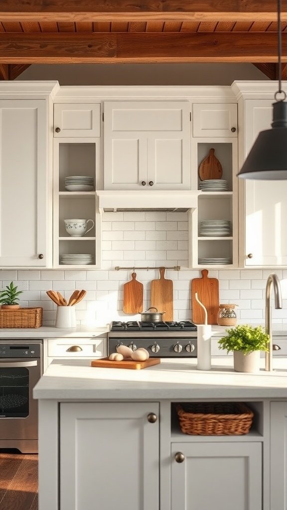 White paneling open-face farmhouse cabinets in a modern kitchen