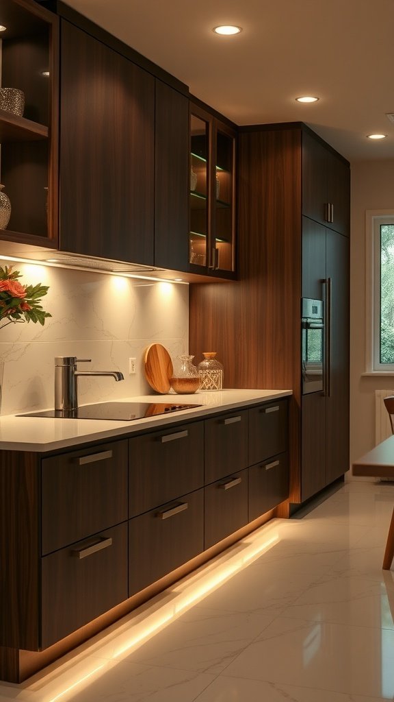 Modern kitchen with under-cabinet accent lighting highlighting dark wood cabinets and white countertops.