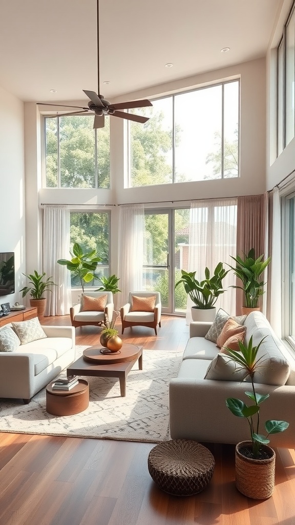 A bright and airy living room-dining room combo with large windows, plants, and stylish furniture.