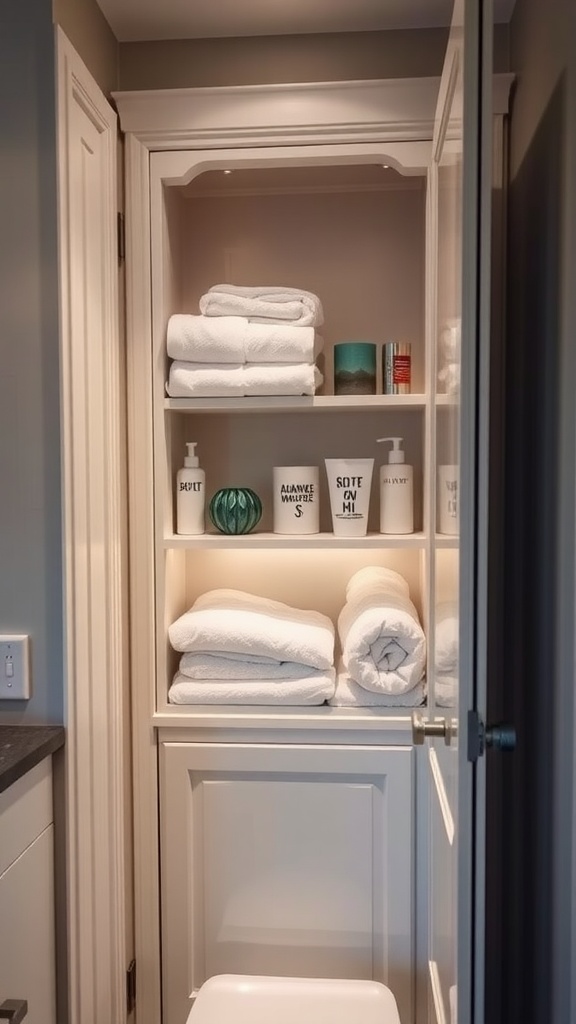 A stylish behind-the-door storage cabinet in a small bathroom, displaying neatly folded towels and organized toiletries, with interior lighting.