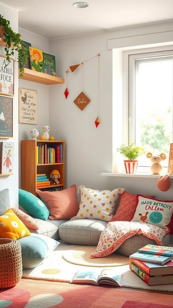 Cozy reading nook with colorful pillows, bookshelves, and bright decor