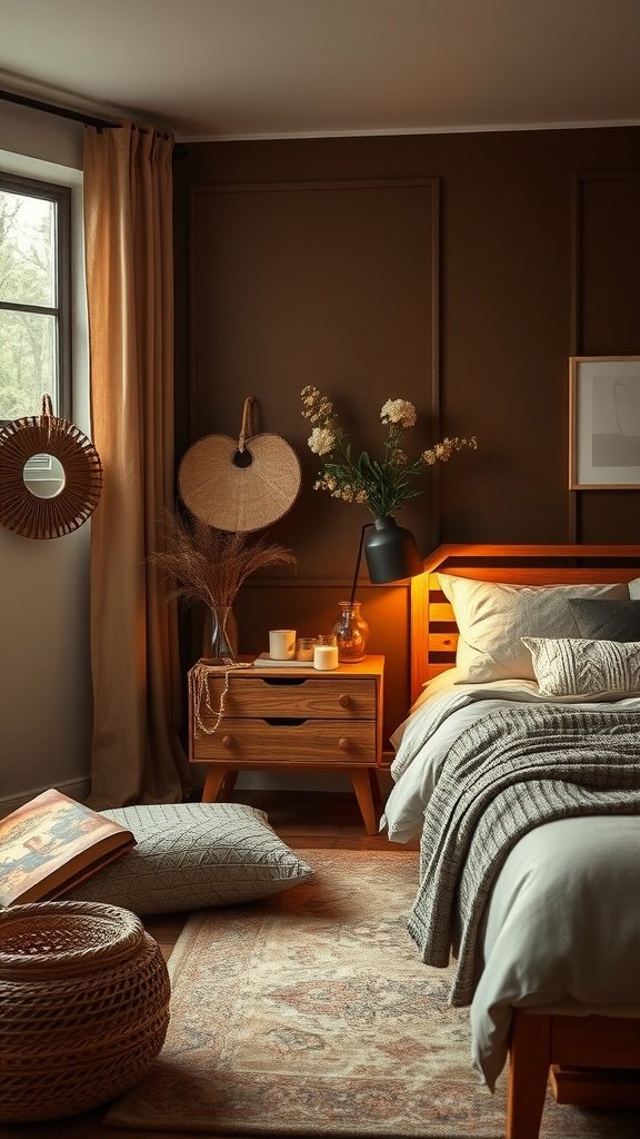 A cozy bedroom with brown walls, wooden furniture, and soft bedding, creating a warm atmosphere.