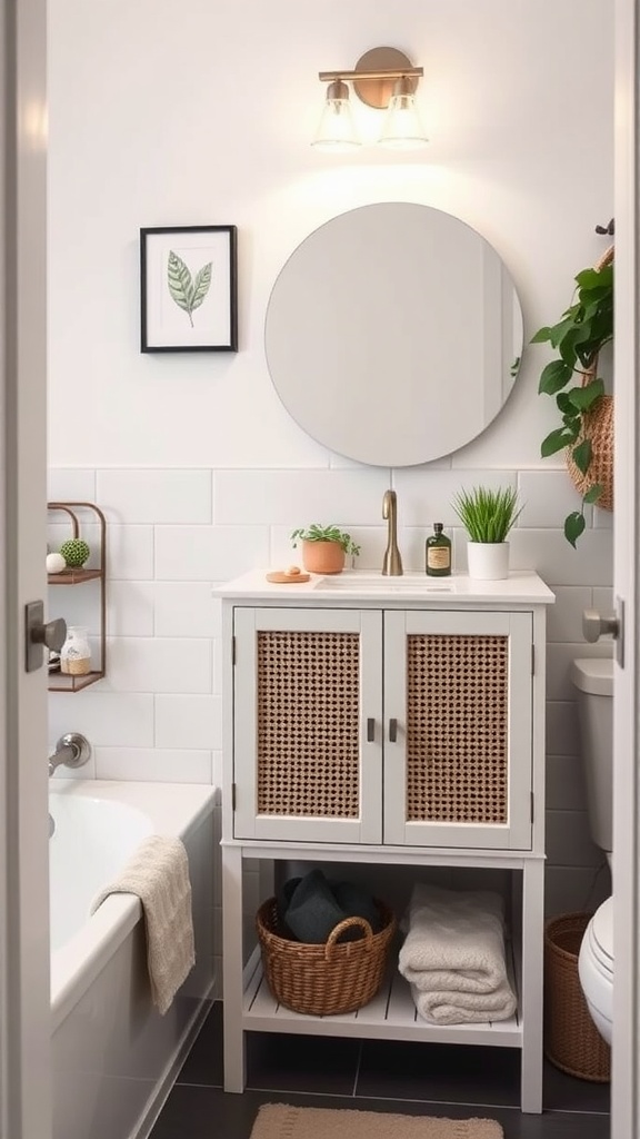 Stylish bathroom with a transformed IKEA Brimnes cabinet featuring cane doors, a round mirror, plants, and decorative items.