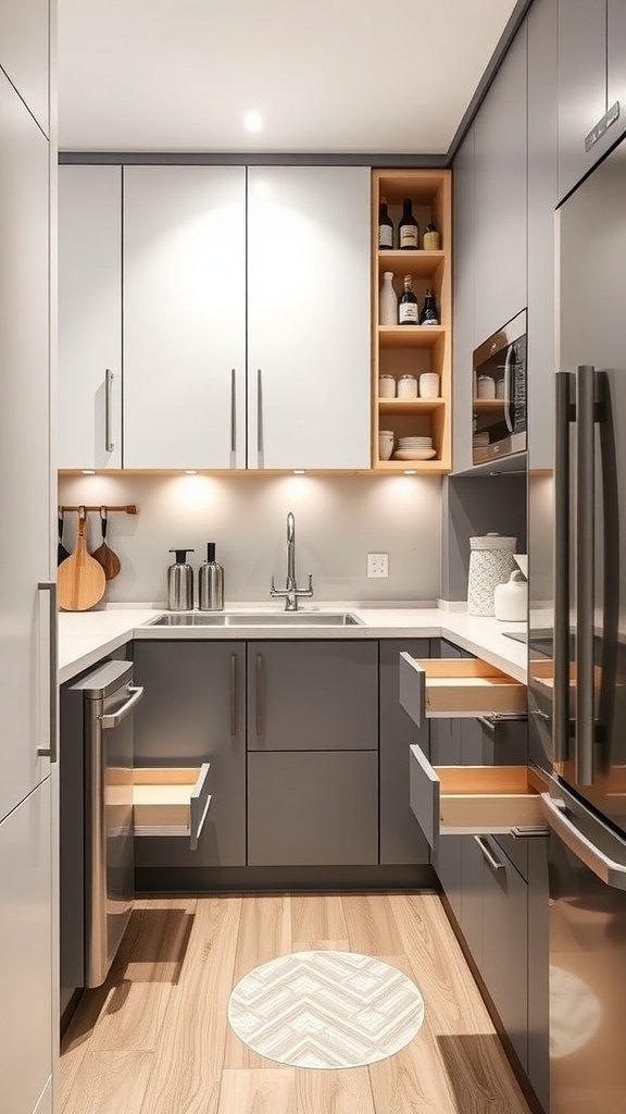 Modern small apartment kitchen with custom cabinet inserts and pull-out trays.