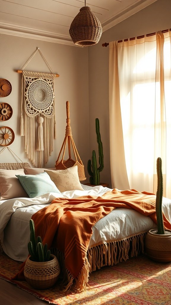 A cozy desert-themed bedroom featuring a woven light fixture, macramé wall art, cacti, and a warm color palette.